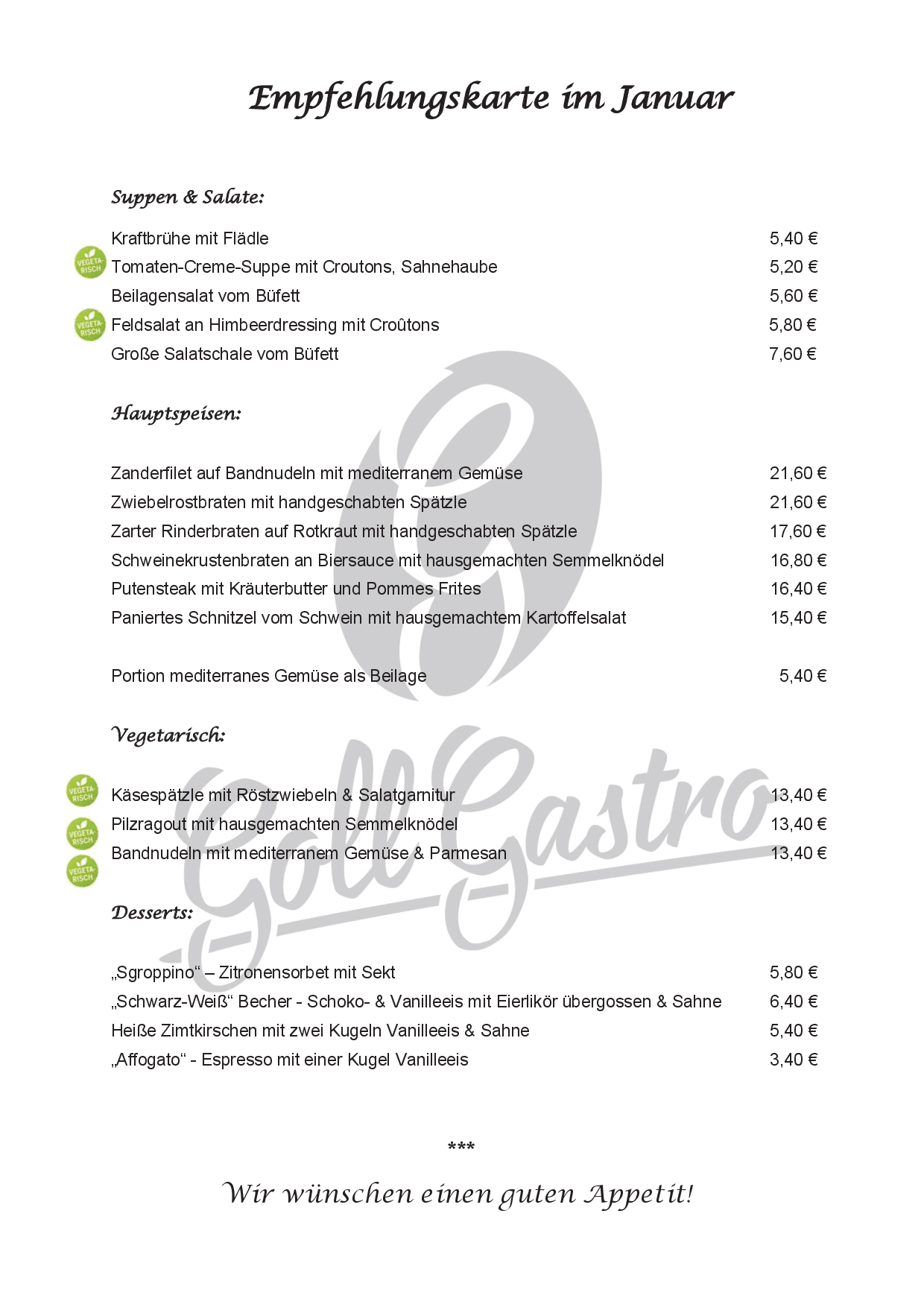 Speisekarte - Goll Gastronomie in Niefern-Öschelbronn bei Pforzheim